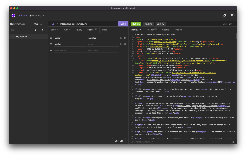 Screenshot of the Insomnia rest client